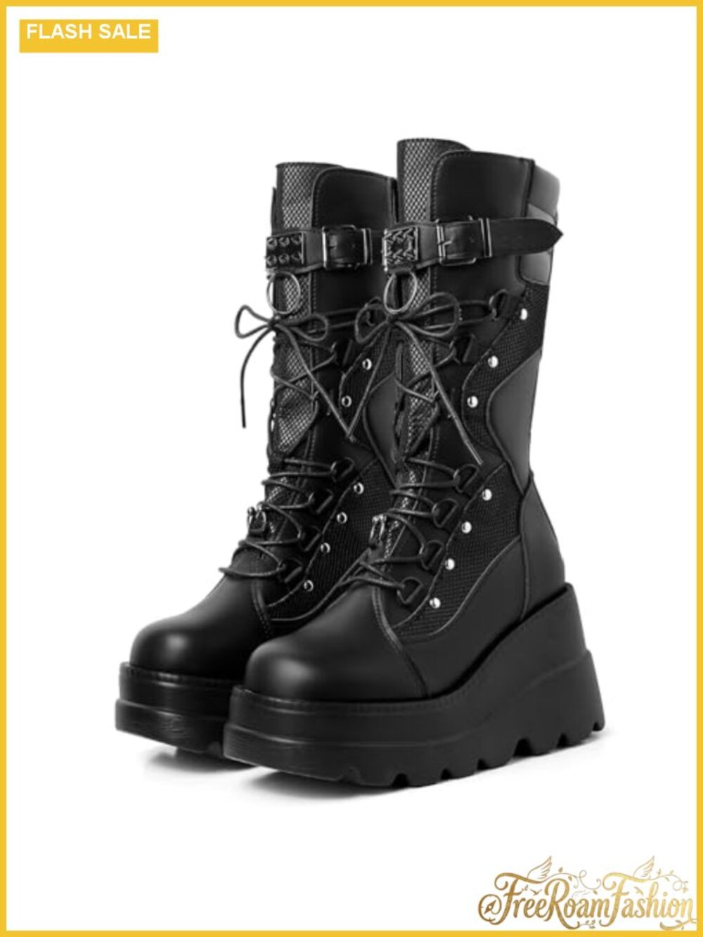 Goth Platform Combat Knee High Boots Vegan PU Leather Mid Calf